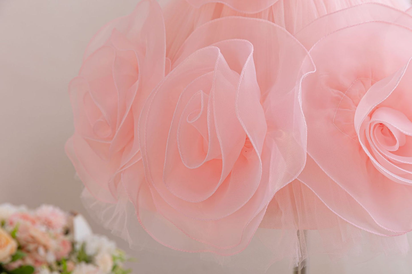 Girl's Sleeveless Princess Dress with 3D Rose Embellishments and sequins pink color