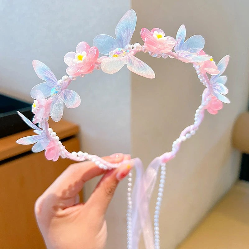 Kids headpiece with rainbow color flowers , butterflies, pearls