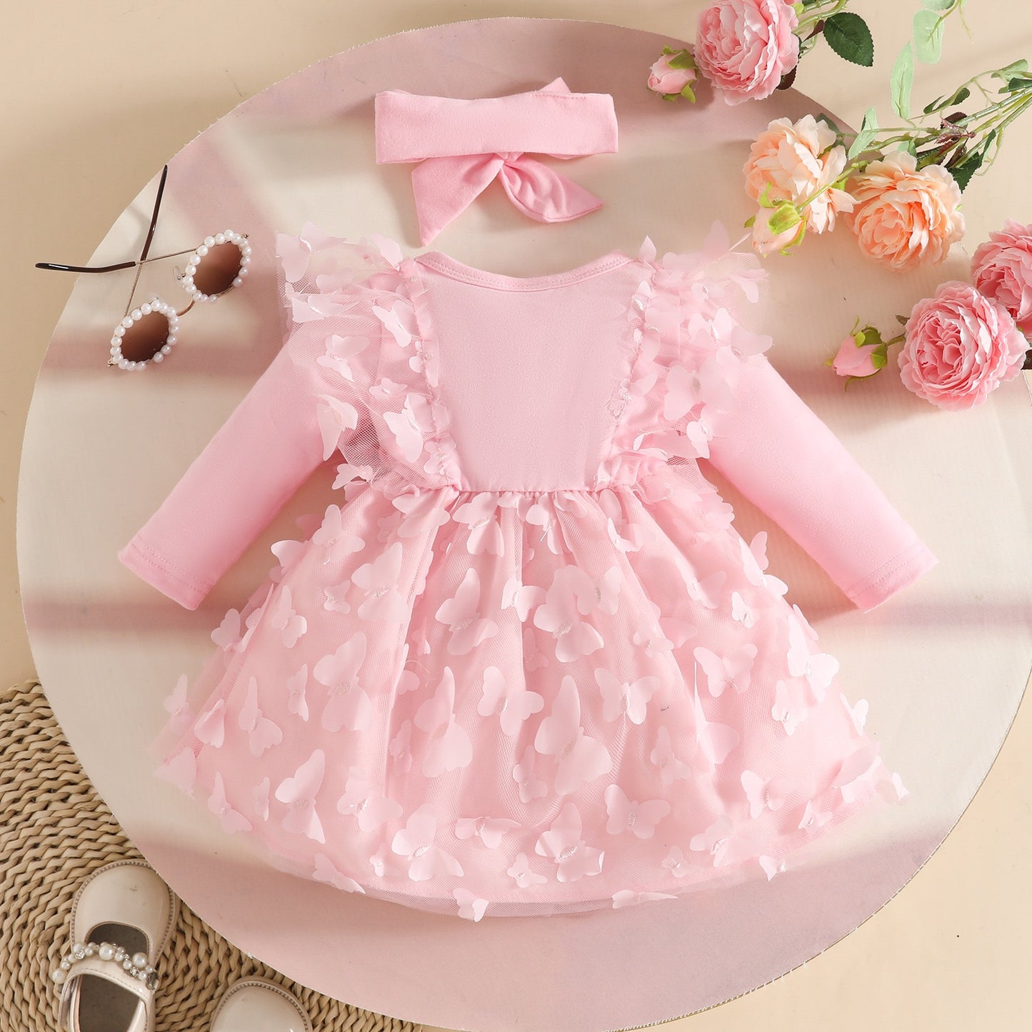 Set of 2pcs Long sleeve dress with butterflies and flowers + headband 2 color