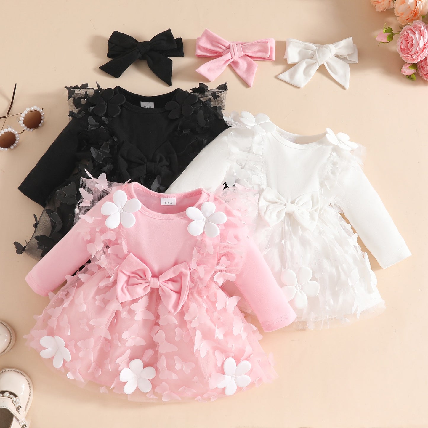 Set of 2pcs Long sleeve dress with butterflies and flowers + headband 2 color