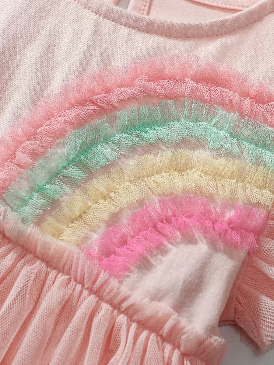 Girl's Colorful Mesh Rainbow Pattern Cap Sleeve Dress