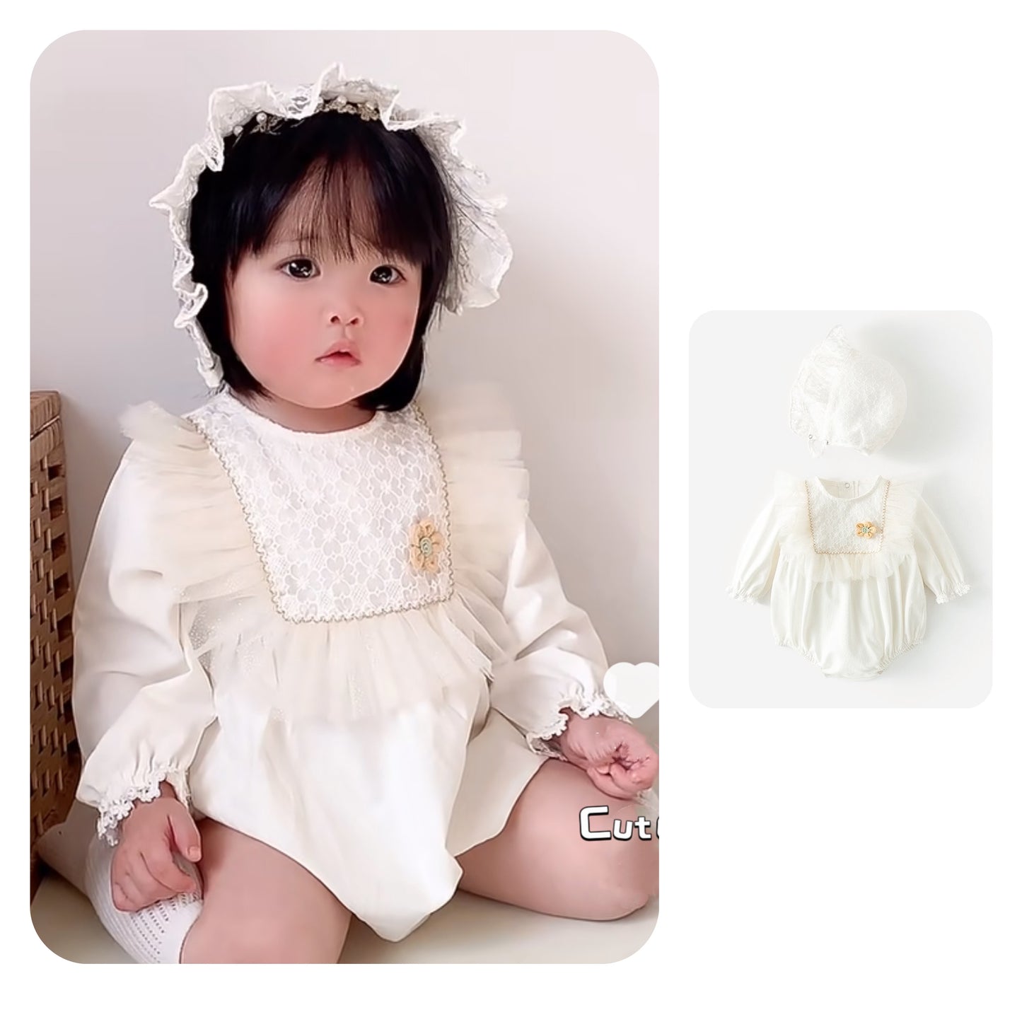 رومبير أطفال عتيق بأكمام طويلة مع زهرة صفراء صغيرة وقبعة 100% قطن سالوبيت