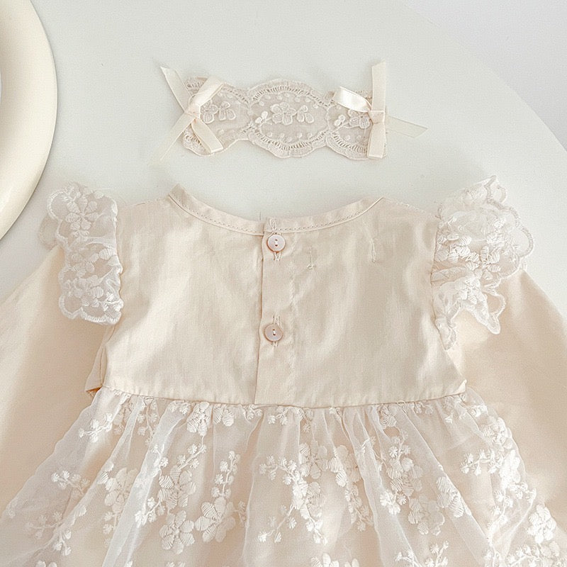 Baby beige lace romper dress long sleeve + vintage lace headband