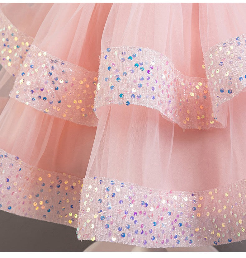 Pink princess dress with 2 bows at waist and on shoulder, with sequins