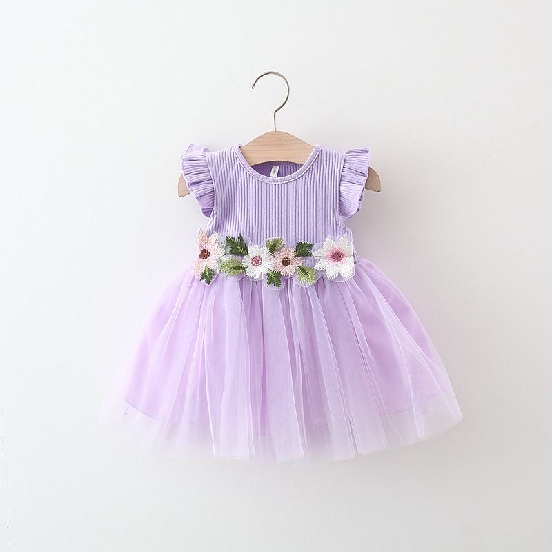 Flying sleeve girl dress with flowers 3 color