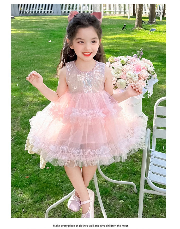 Set of 2 pcs Multi layered princess dress very soft with sequins + hair clip with big bow and tulle