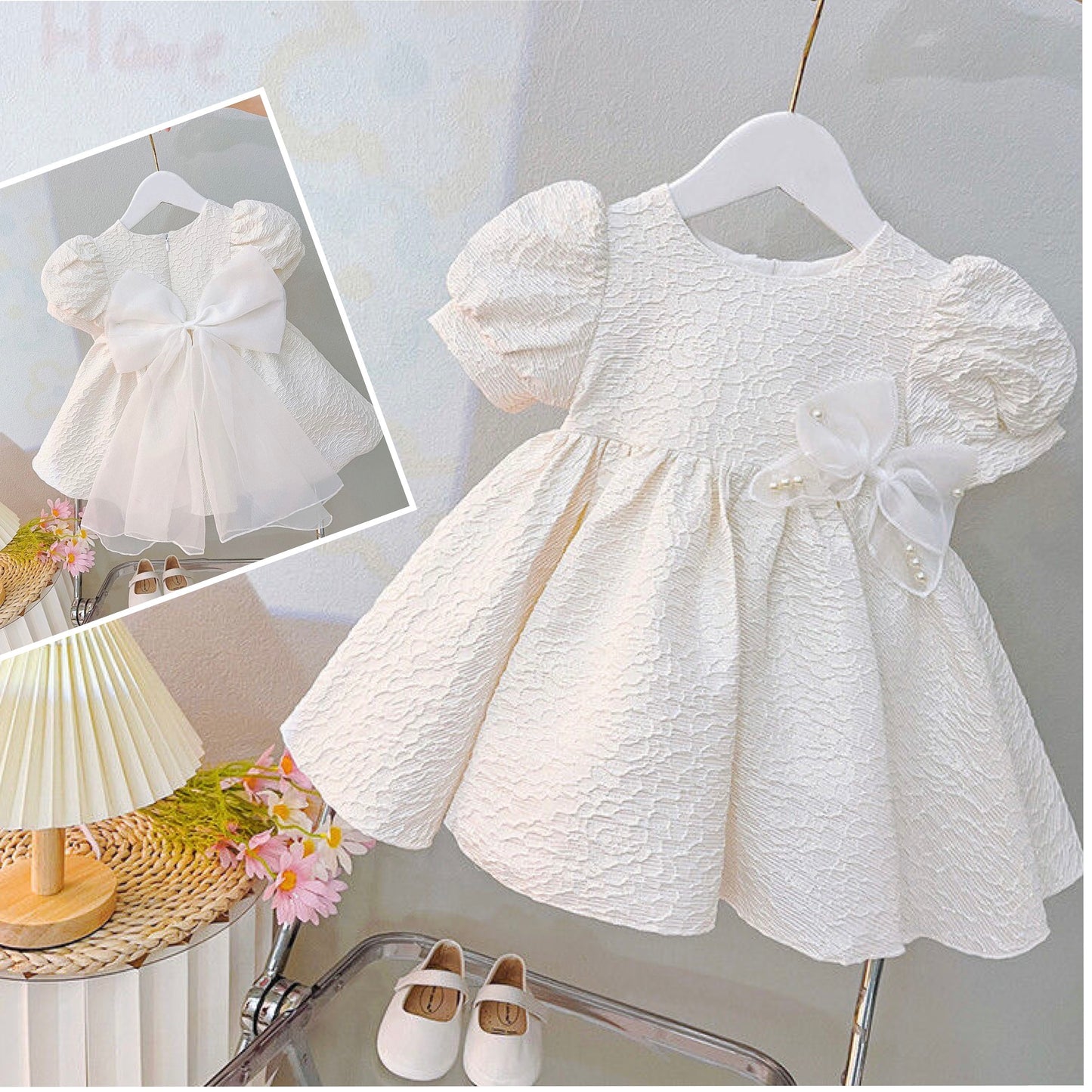 Off white girl party dress with 2 tulle bows