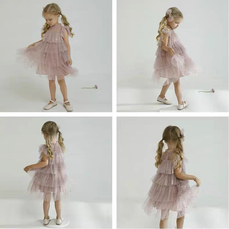 Layered Tulle Dress Flutter Sleeve Princess Cake Dress