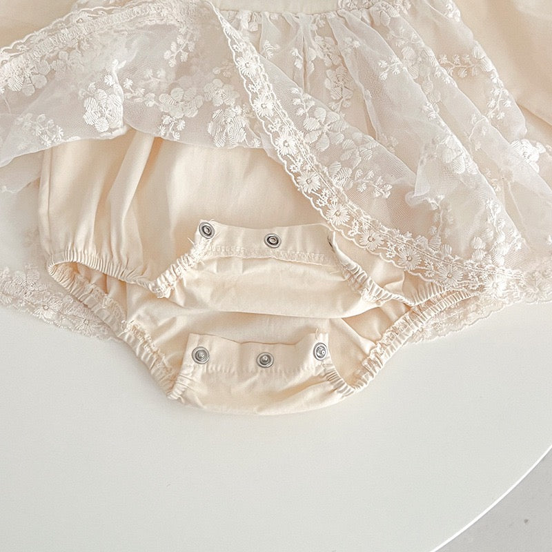 Baby beige lace romper dress long sleeve + vintage lace headband