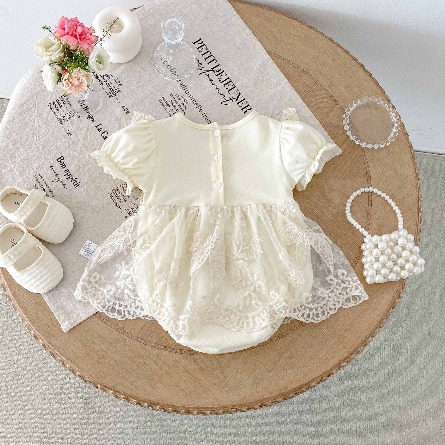 Short ruffle sleevelave romper dress 2 ribbon bows beige