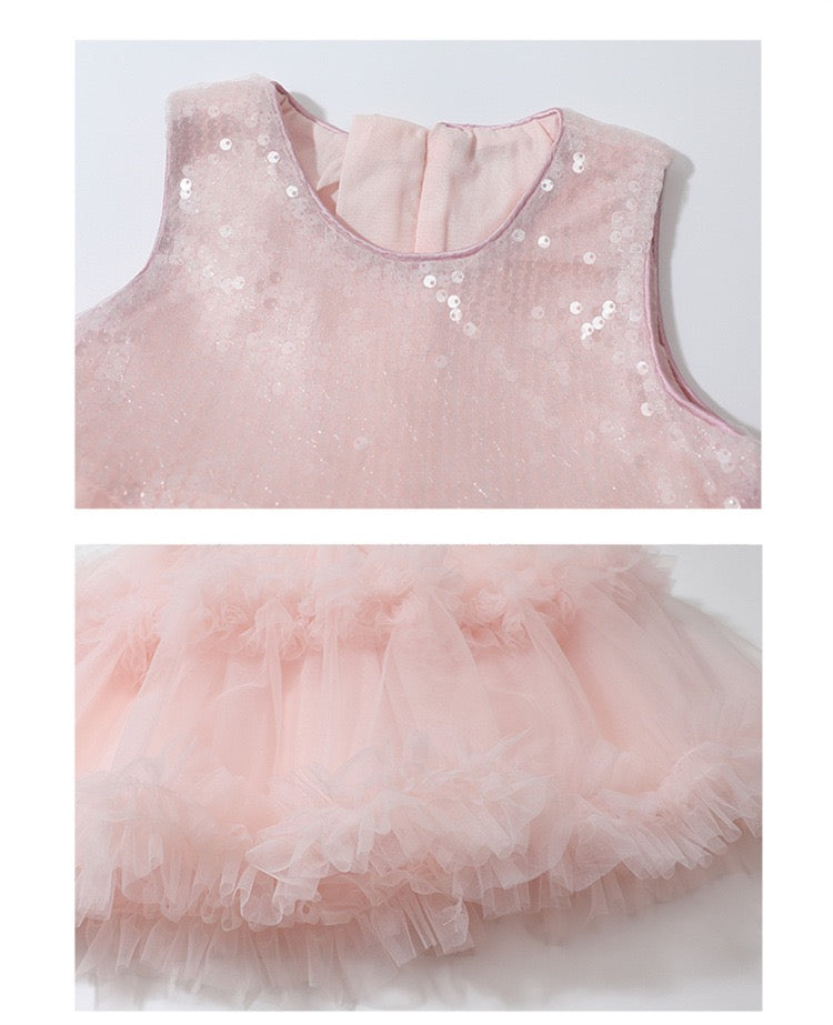 Set of 2 pcs Multi layered princess dress very soft with sequins + hair clip with big bow and tulle