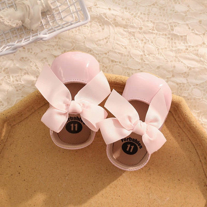 Parent leather pre-walker shoes with bow rubber sole 2 color