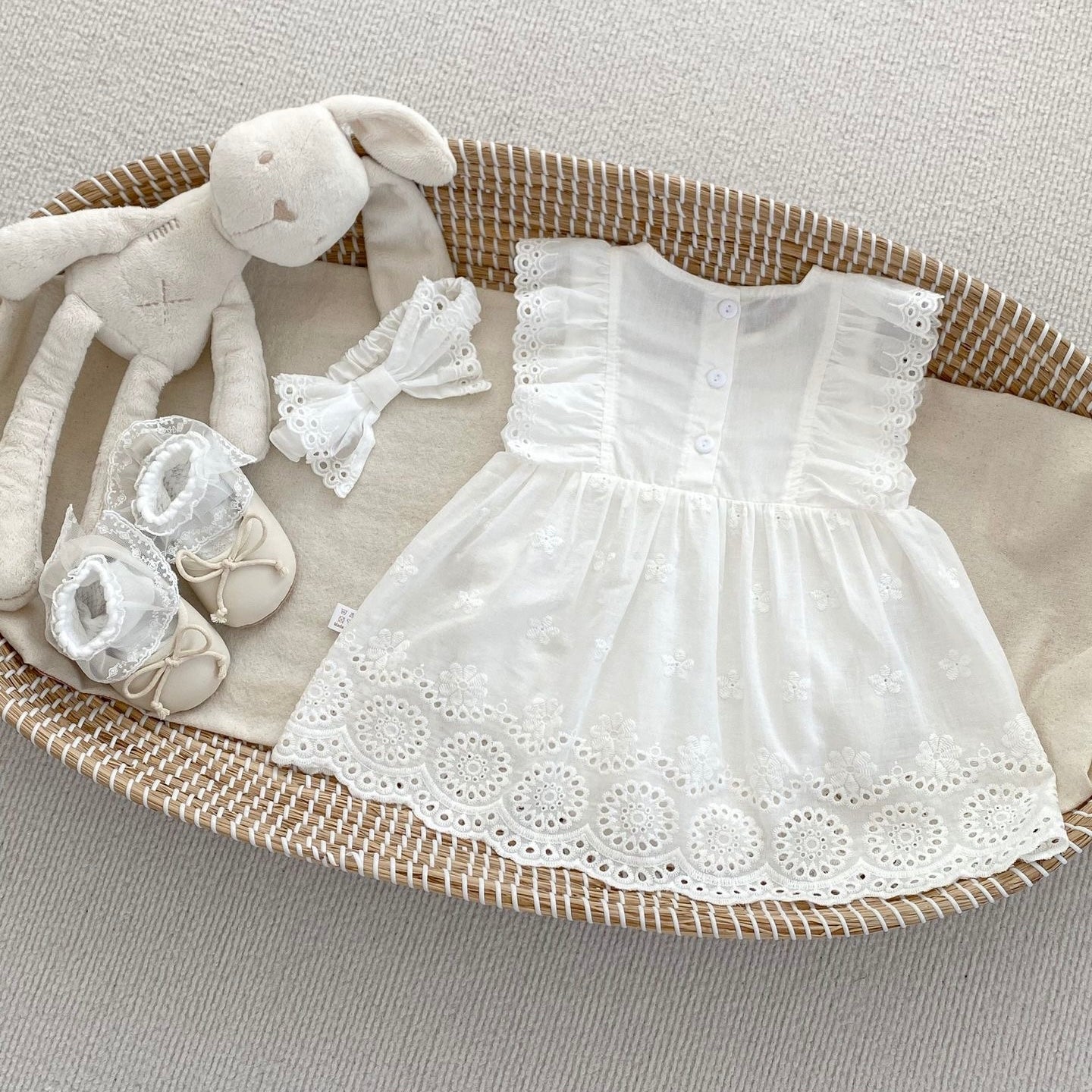 Simple 100% cotton flying sleeve dress + headband white