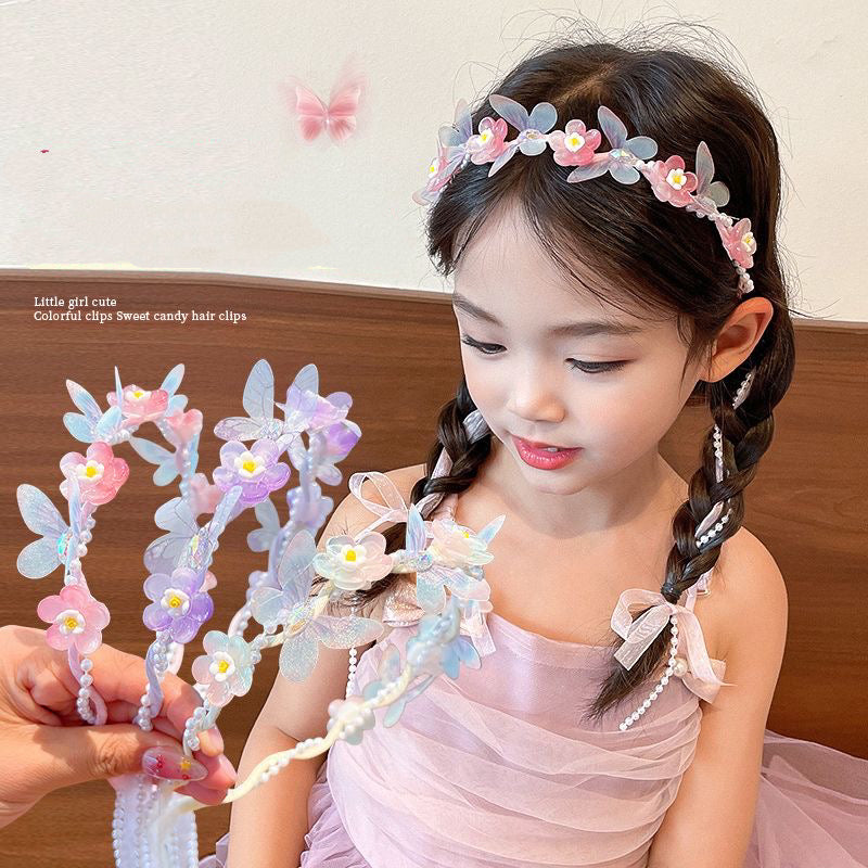 Kids headpiece with rainbow color flowers , butterflies, pearls