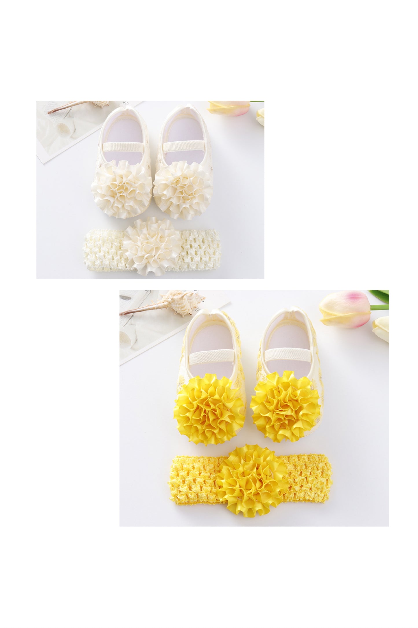 2 piece set  baby pre-walker shoes and headband- ribbon flowers