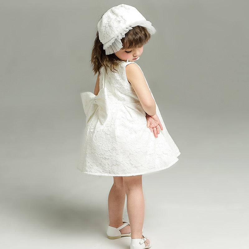 set of 2pcs White dress with big removable bow at back and silver line at waist + hat