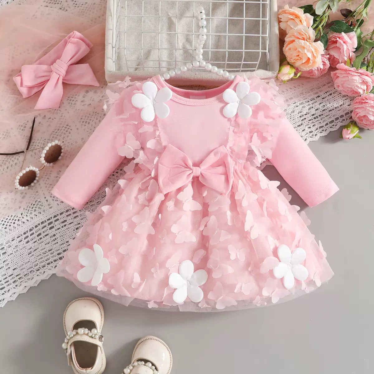 Set of 2pcs Long sleeve dress with butterflies and flowers + headband 2 color