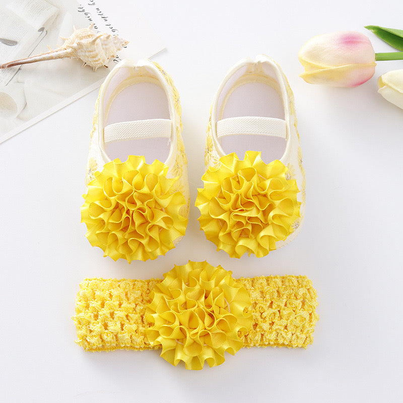 2 piece set  baby pre-walker shoes and headband- ribbon flowers