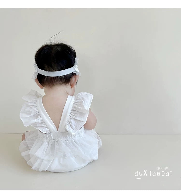 set of 2pcs Baby Girl vintage style Romper Dress with embroidered flowers + lace headband