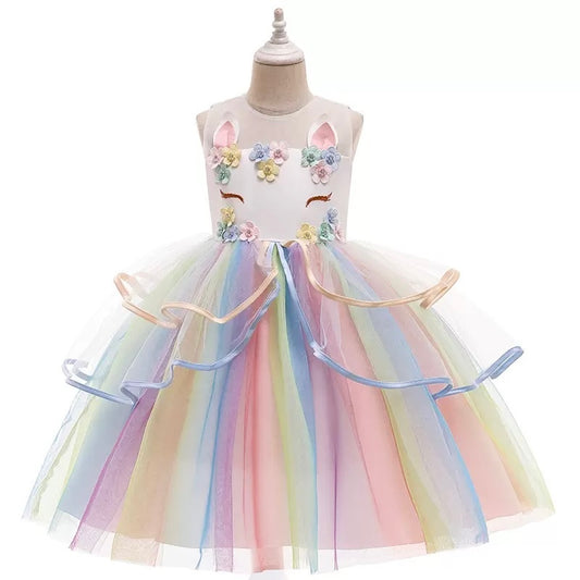 Girl princess dress with unicorn rainbow color