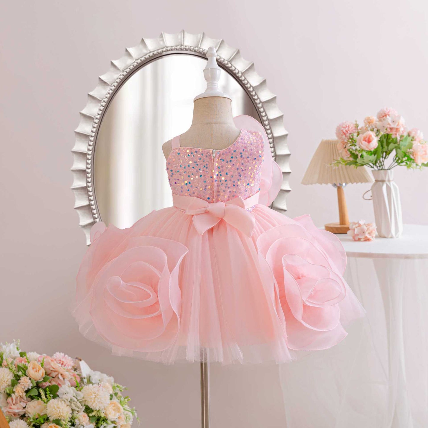 Girl's Sleeveless Princess Dress with 3D Rose Embellishments and sequins pink color