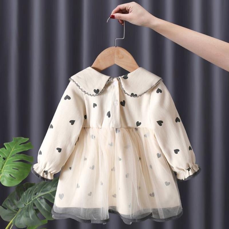 Cotton dress with tulle long sleeve printed heart off white