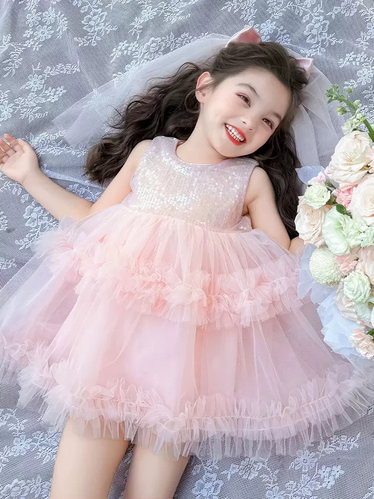 Set of 2 pcs Multi layered princess dress very soft with sequins + hair clip with big bow and tulle