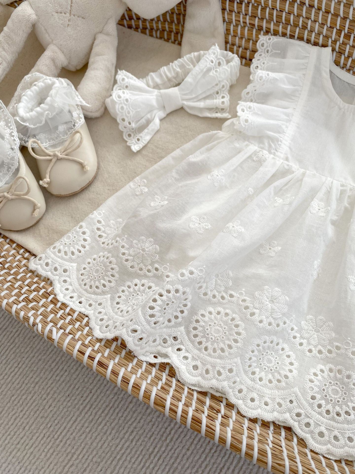 Simple 100% cotton flying sleeve dress + headband white