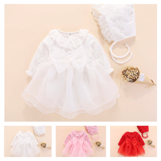 set of 2 pcs long sleeve  dress with bow at waist + hat for baby girls 3 colors