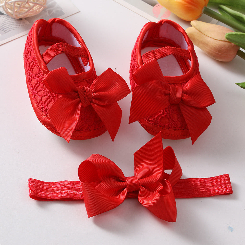 Baby pre-walker shoes with bow knot + headband set red