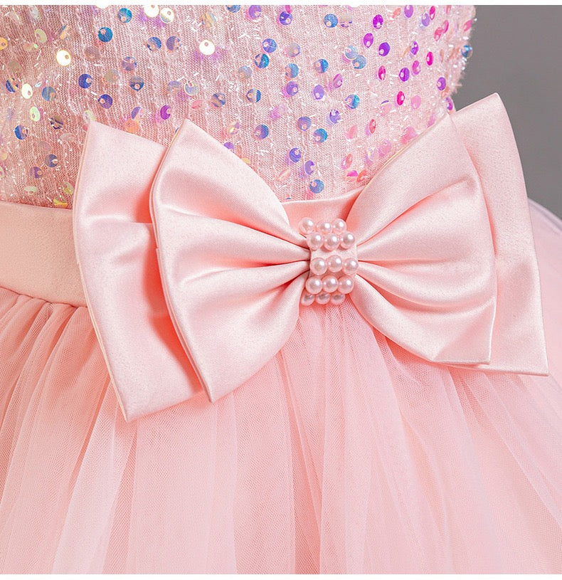 Pink princess dress with 2 bows at waist and on shoulder, with sequins