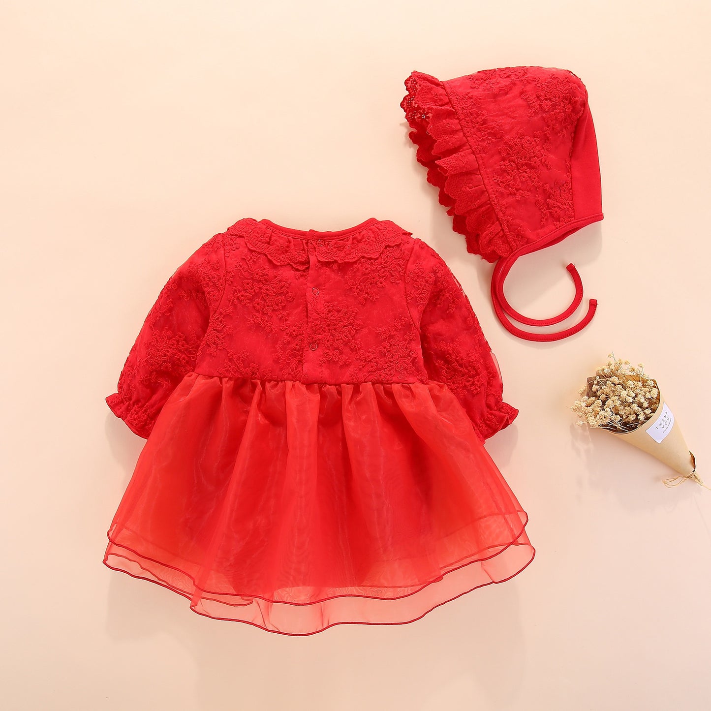 set of 2 pcs long sleeve  dress with bow at waist + hat for baby girls 3 colors