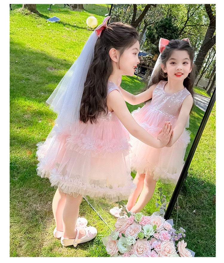 Set of 2 pcs Multi layered princess dress very soft with sequins + hair clip with big bow and tulle