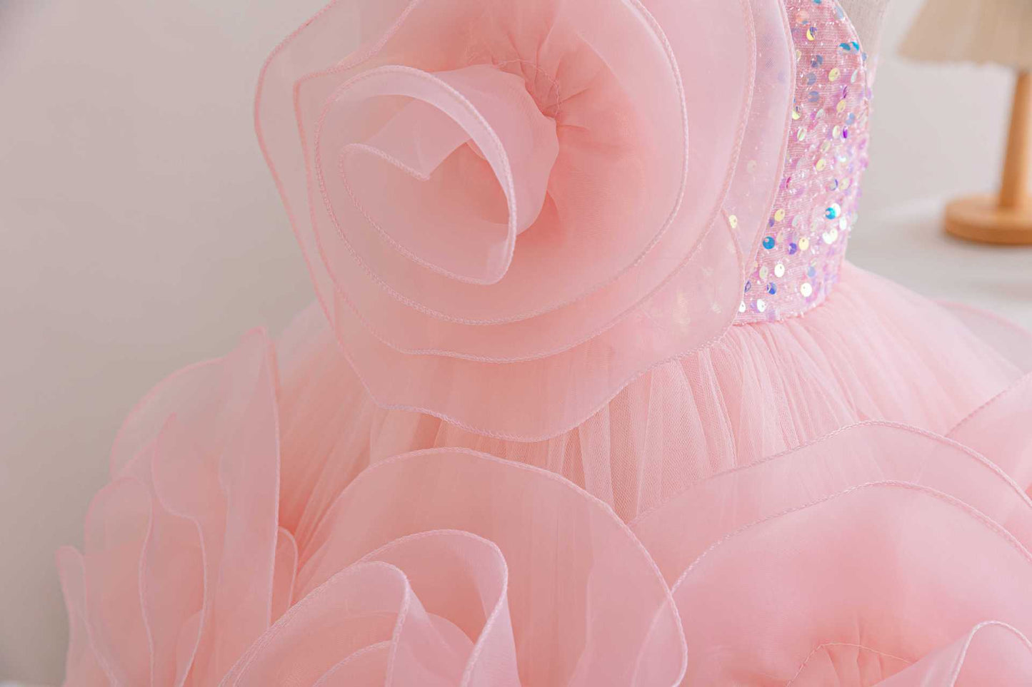 Girl's Sleeveless Princess Dress with 3D Rose Embellishments and sequins pink color