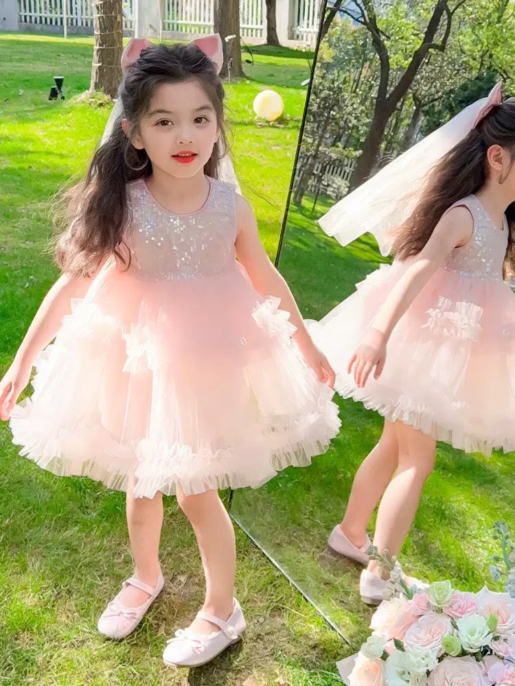 Set of 2 pcs Multi layered princess dress very soft with sequins + hair clip with big bow and tulle