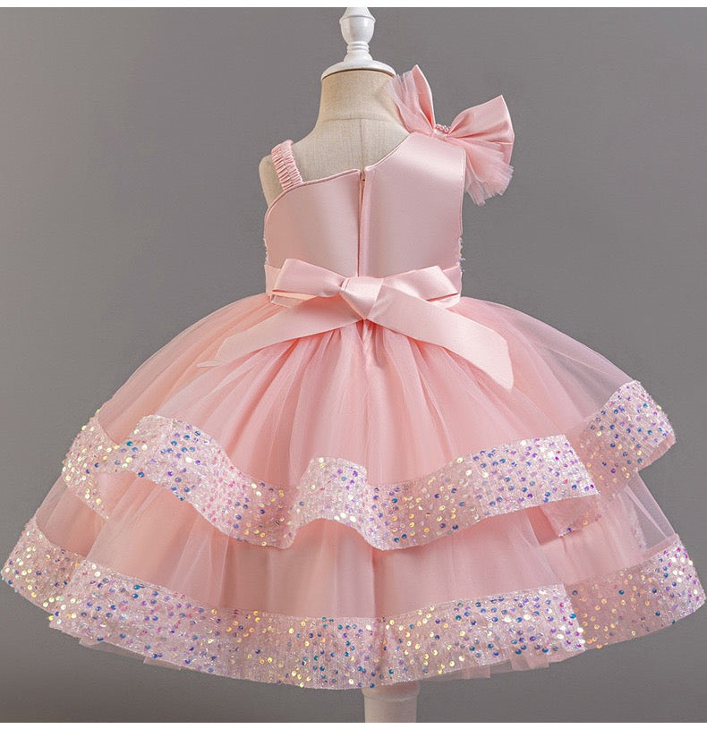 Pink princess dress with 2 bows at waist and on shoulder, with sequins