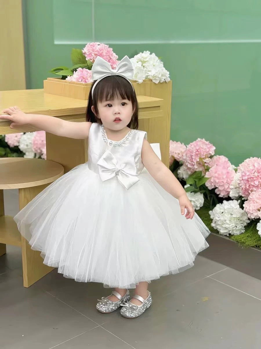 Puffy tulle dress pearls design charming ball gown for girls with removable big bow at back white