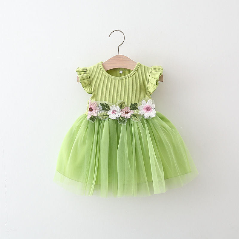 فستان بناتي بأكمام طائرة مع زهور 3 ألوان