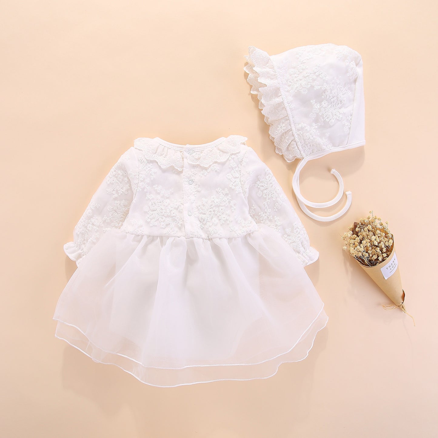 set of 2 pcs long sleeve  dress with bow at waist + hat for baby girls 3 colors