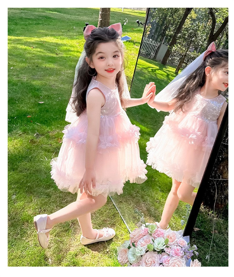 Set of 2 pcs Multi layered princess dress very soft with sequins + hair clip with big bow and tulle