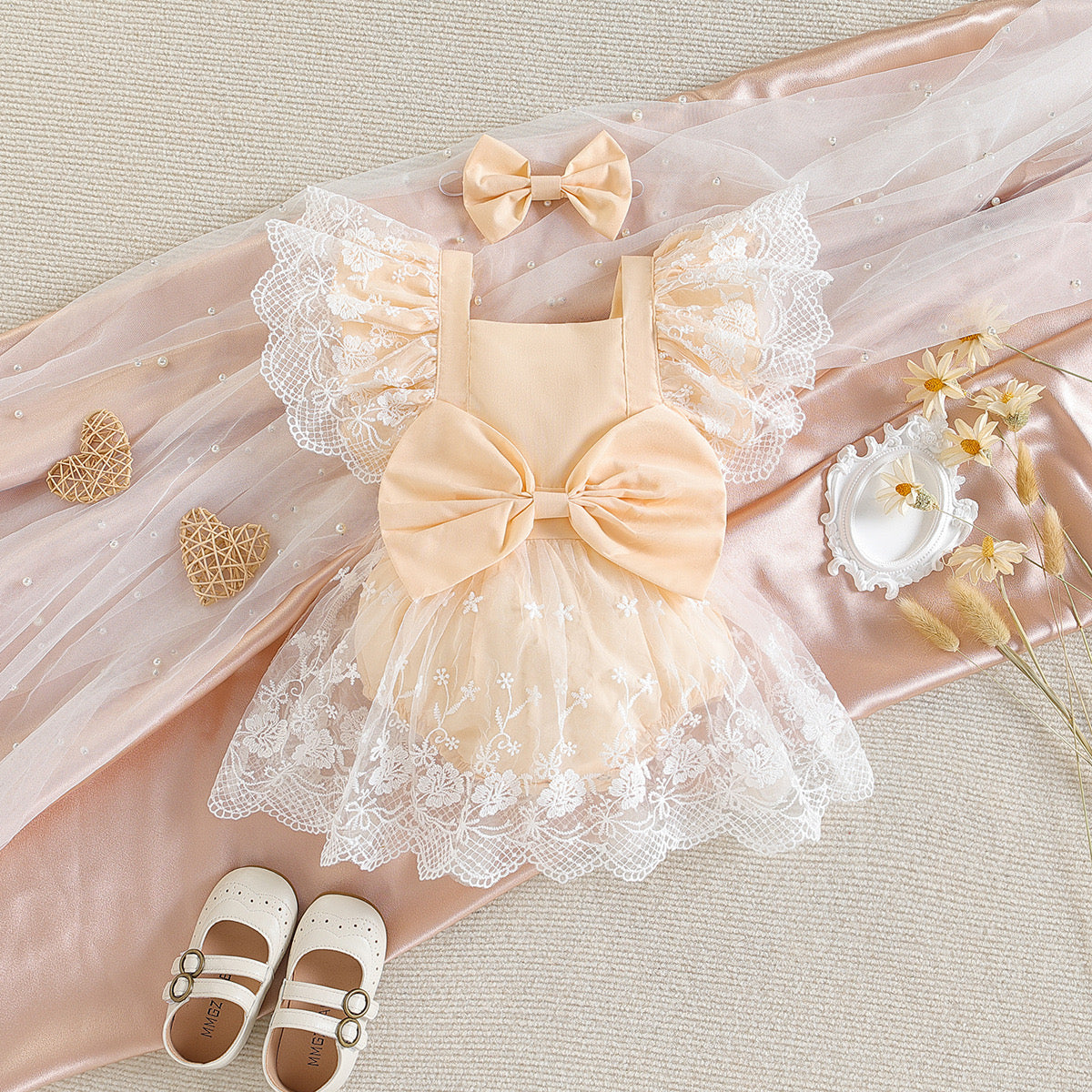 Baby Girl Lace Romper Dress Backless Boho bow tie headband Beige