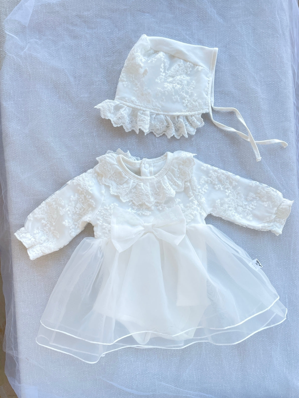 set of 2 pcs long sleeve  dress with bow at waist + hat for baby girls 3 colors