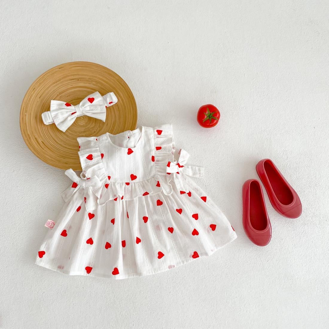 Cotton dress with printed hearts + headband at