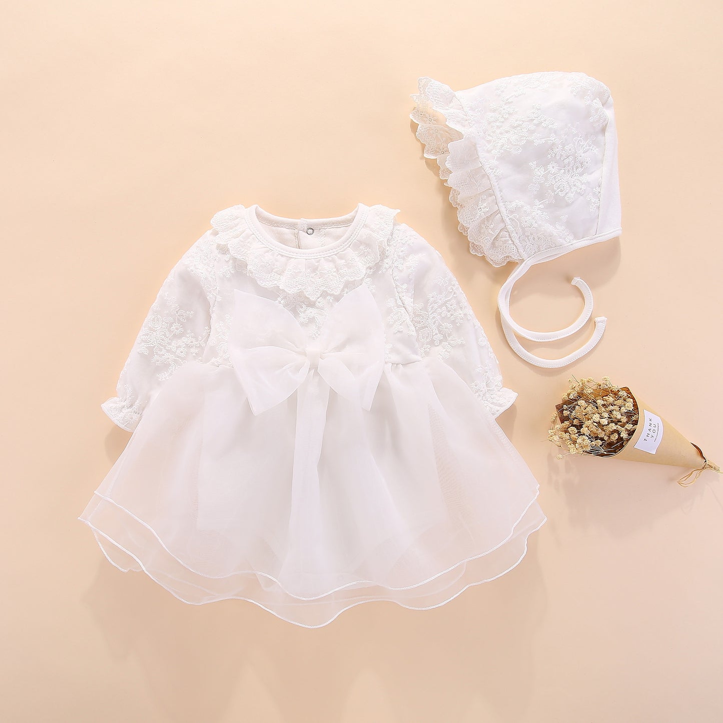 set of 2 pcs long sleeve  dress with bow at waist + hat for baby girls 3 colors