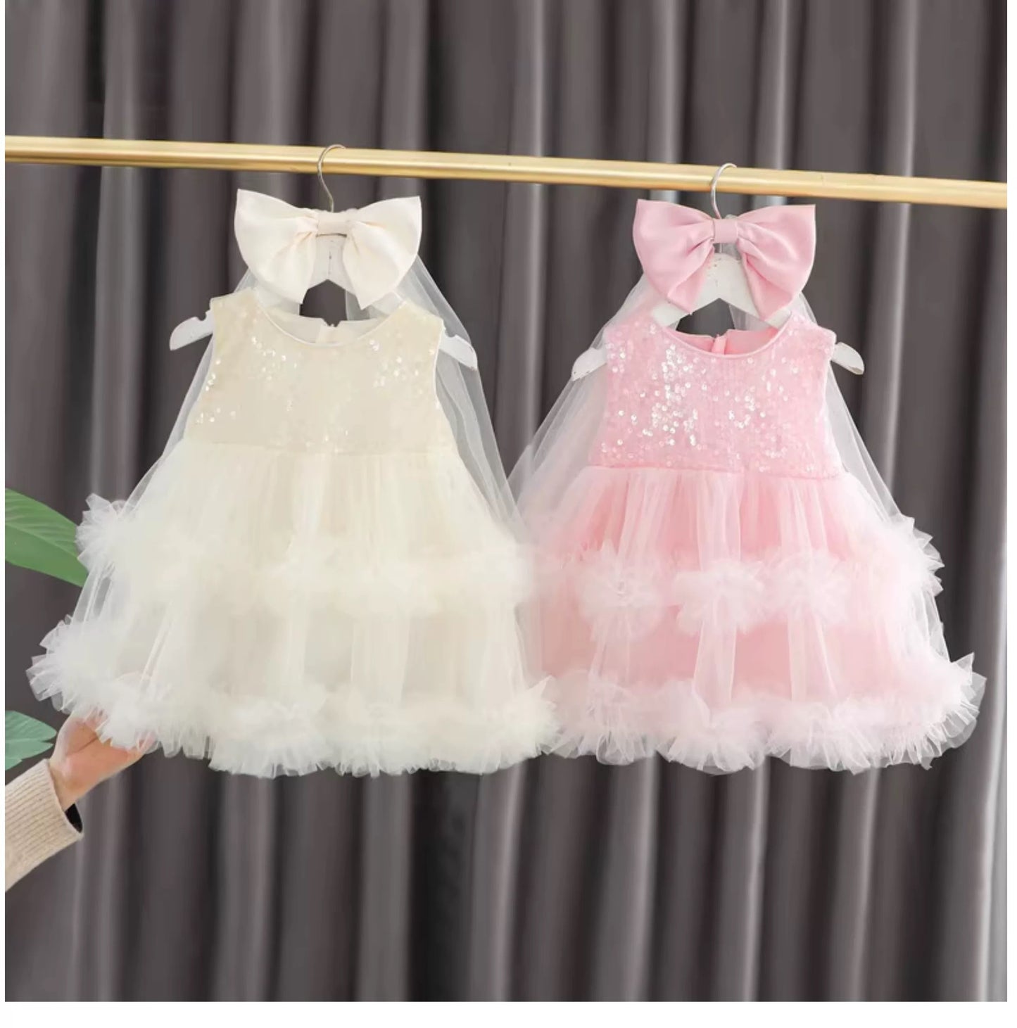 Set of 2 pcs Multi layered princess dress very soft with sequins + hair clip with big bow and tulle