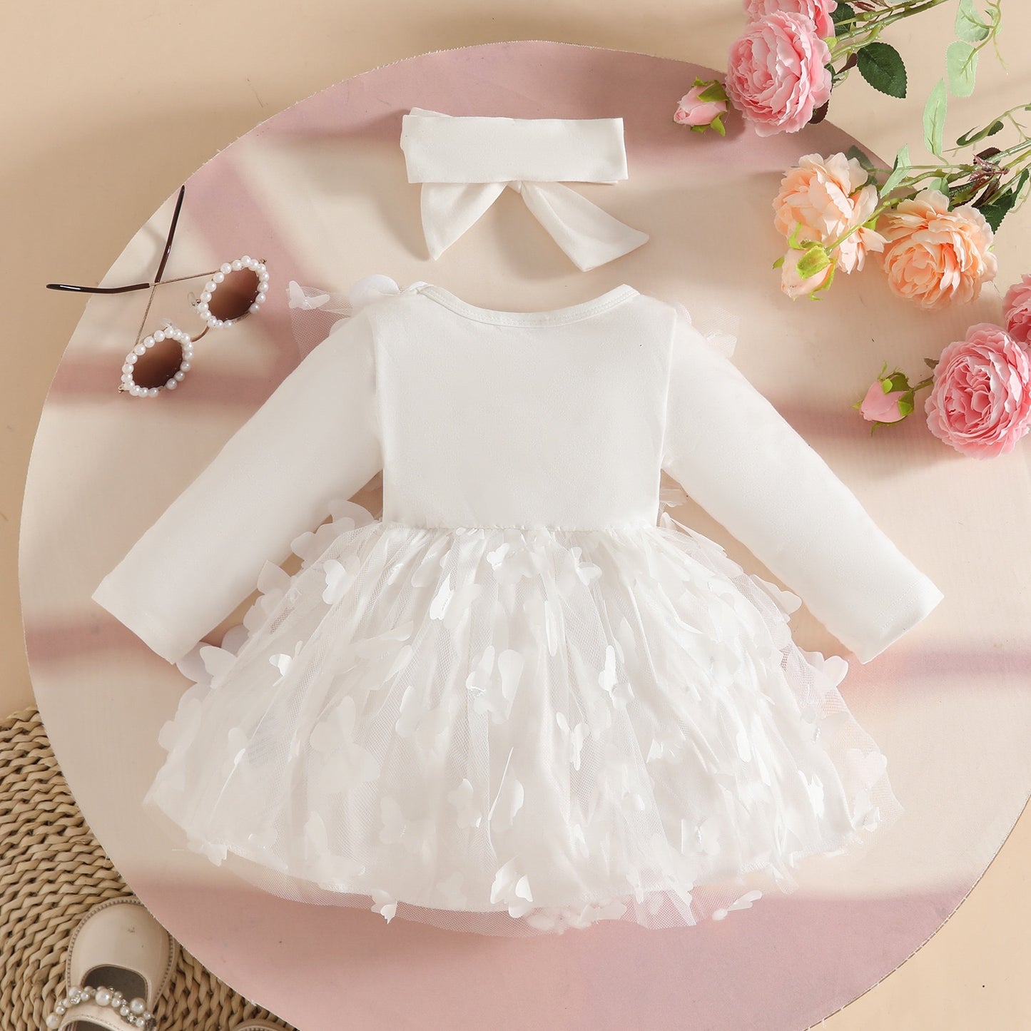 Set of 2pcs Long sleeve dress with butterflies and flowers + headband 2 color