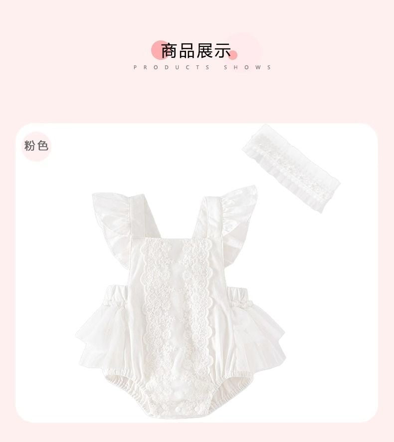 set of 2pcs Baby Girl vintage style Romper Dress with embroidered flowers + lace headband