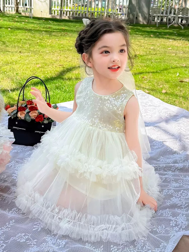 Set of 2 pcs Multi layered princess dress very soft with sequins + hair clip with big bow and tulle