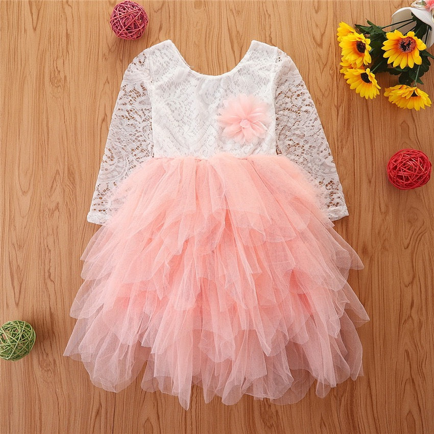 Kids long sleeve princess dress tutu skirt hollow lace sleeve