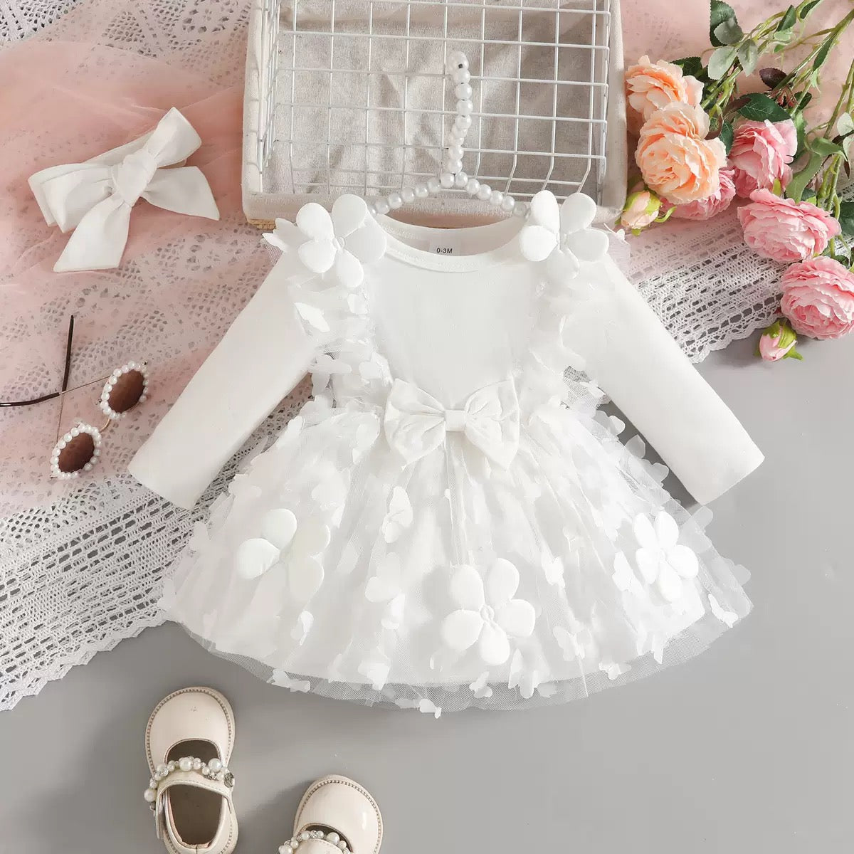 Set of 2pcs Long sleeve dress with butterflies and flowers + headband 2 color